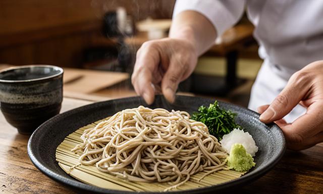 妙高高原の木造そば店で手打ちそばを盛り付けた昼食