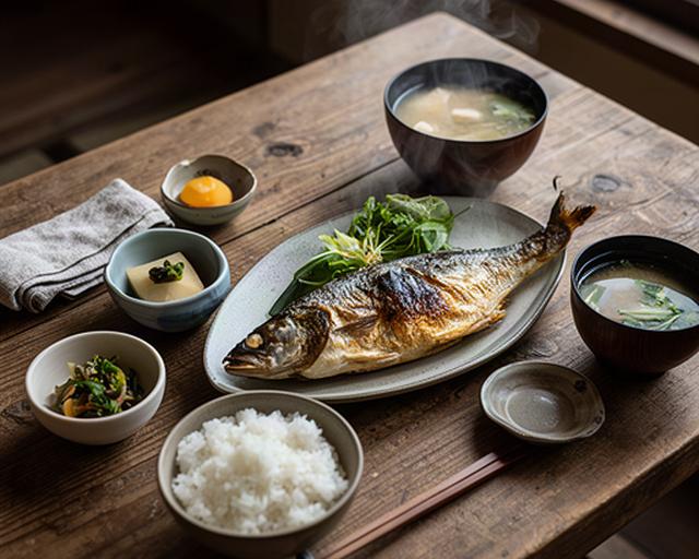 妙高高原の木のテーブルに並んだ焼き魚と味噌汁の和朝食