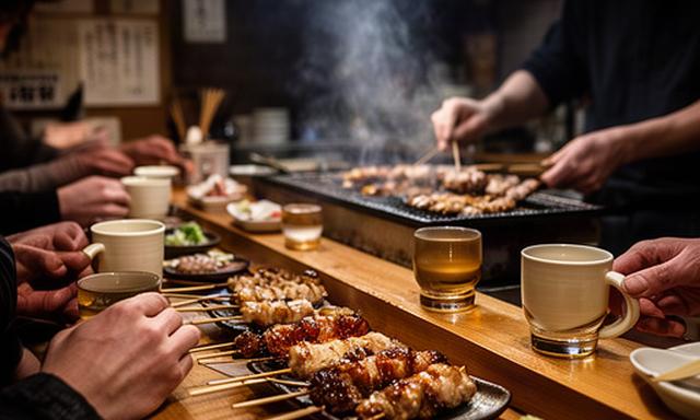 妙高の居酒屋で焼き鳥と地酒を囲む夕食のカウンター