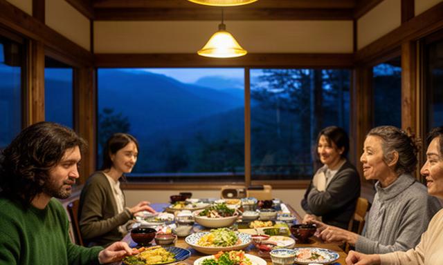 妙高高原の木造レストランで季節料理を囲む夕食の風景
