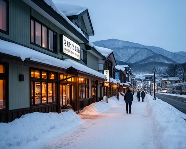 雪の妙高高原駅前と夕暮れの飲食店街、歩道に積もった雪の様子