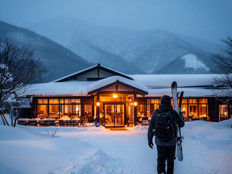 雪の妙高高原でスキーを終えた旅行者が温かい食堂へ向かう夕暮れの風景