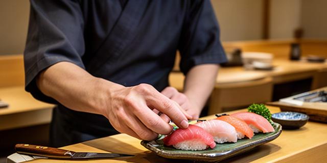 妙高の寿司店で職人が握り寿司を提供するカウンター席